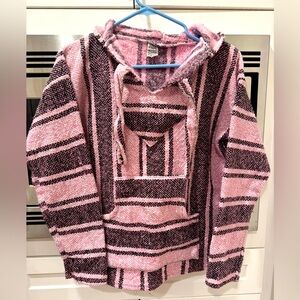 VINTAGE BAJA MEXICAN SURFER PINK PULLOVER STRIPED HOODIE FRONT POUCH POCKET OS